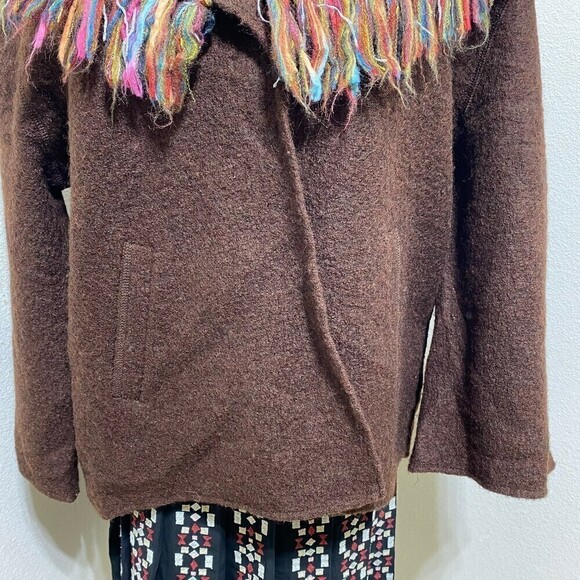 Lark Lane 100% Wool Fringe Brown Shawl/ Cardigan Size Large - Picture 4 of 12